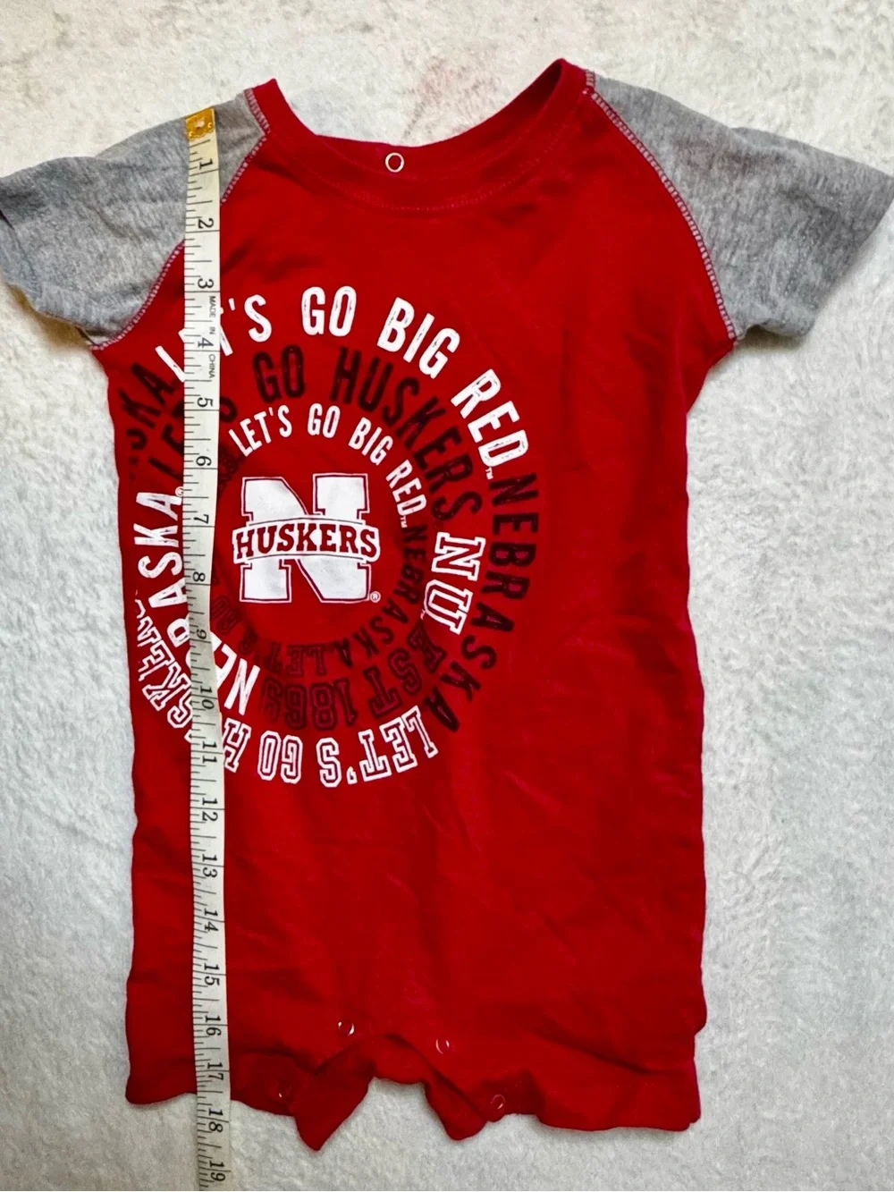 University of Nebraska Huskers Red & Gray 12 month Baby Romper with bottom snaps